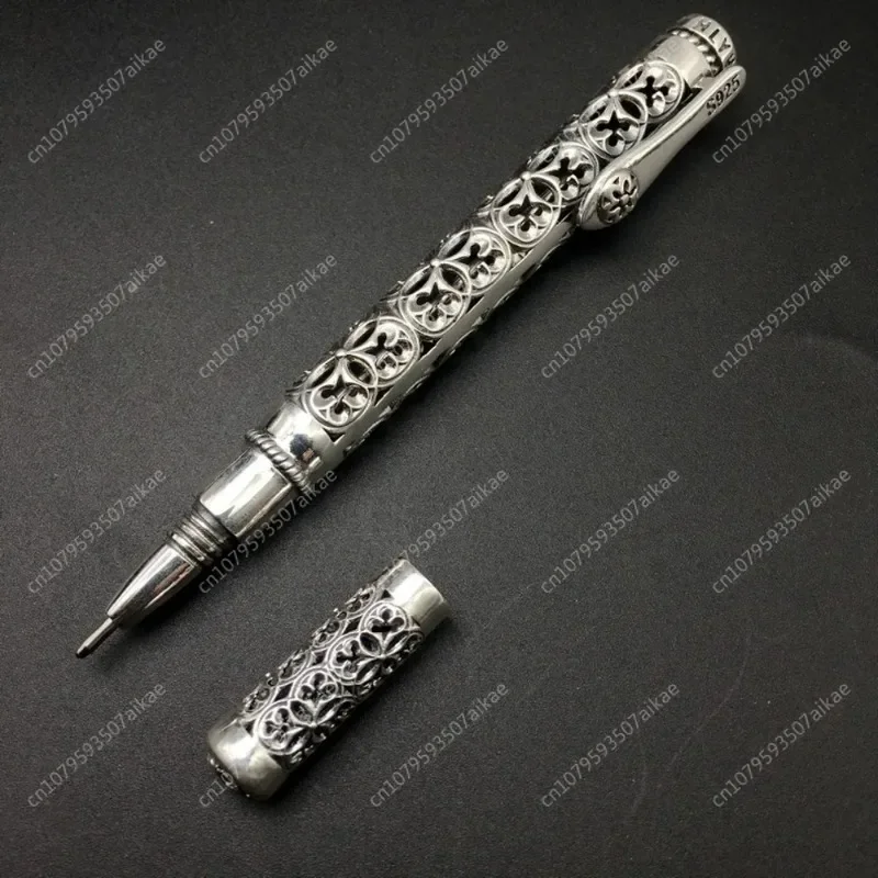 S925silver Ballpoint Pen Vintage and Elegant S925 Silver Hollow Carved, Business Signature Pen High Quality