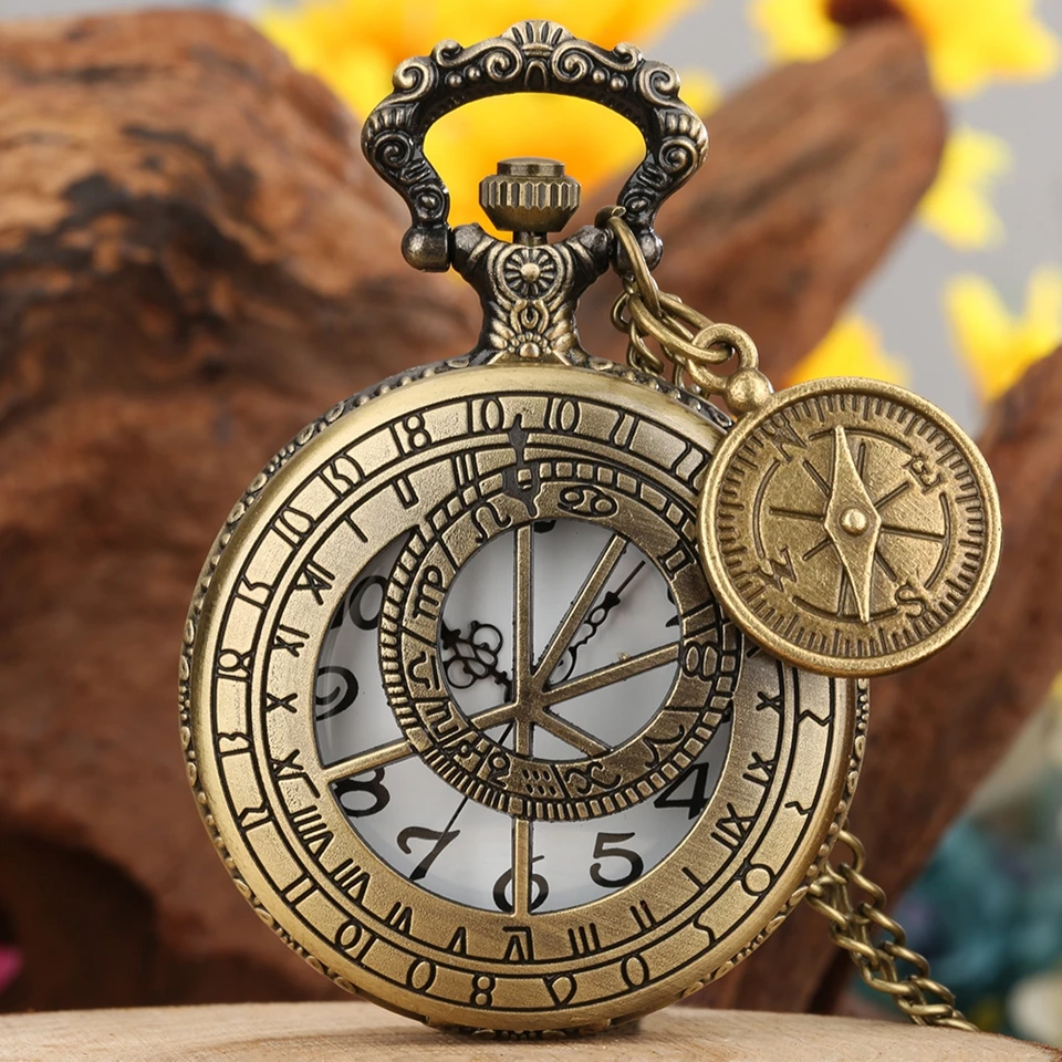 Hollow Retro Astronomical Compass Geometry Prague Design Quartz Pocket Necklace Watch Pendant Chain Clock with Compass Accessory