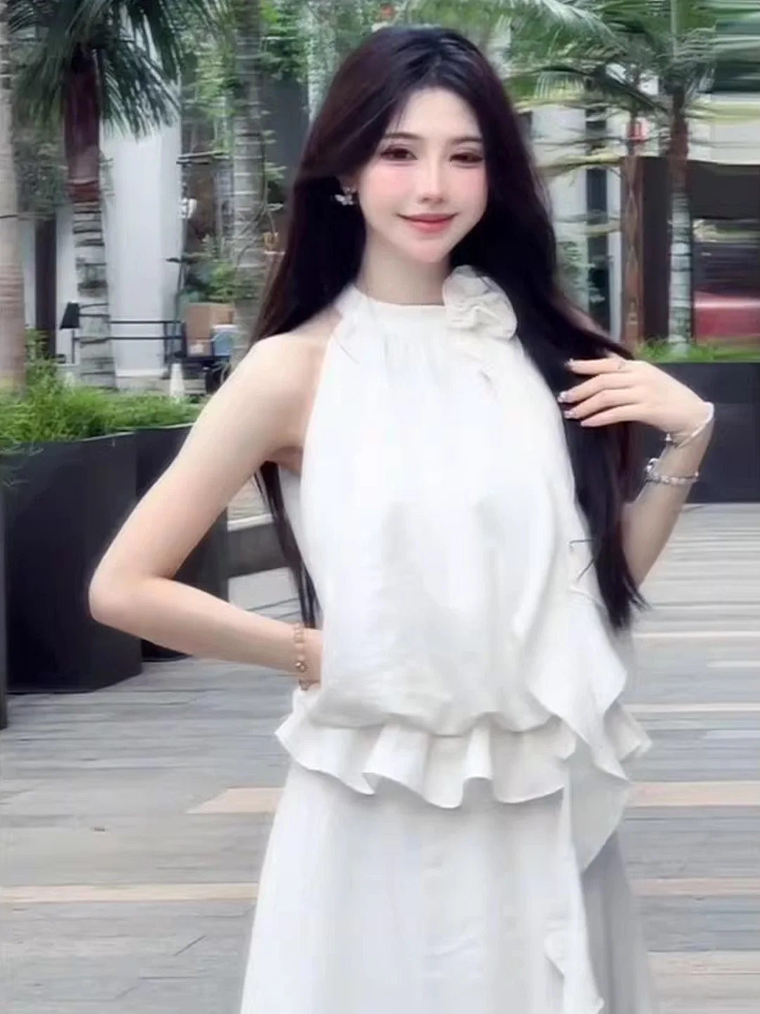 

Simple Elegant Long Neck Hanging Dress Women's Summer New Style Whole Set Casual Loose Fit Casual Wind Pure Color No Sleeve
