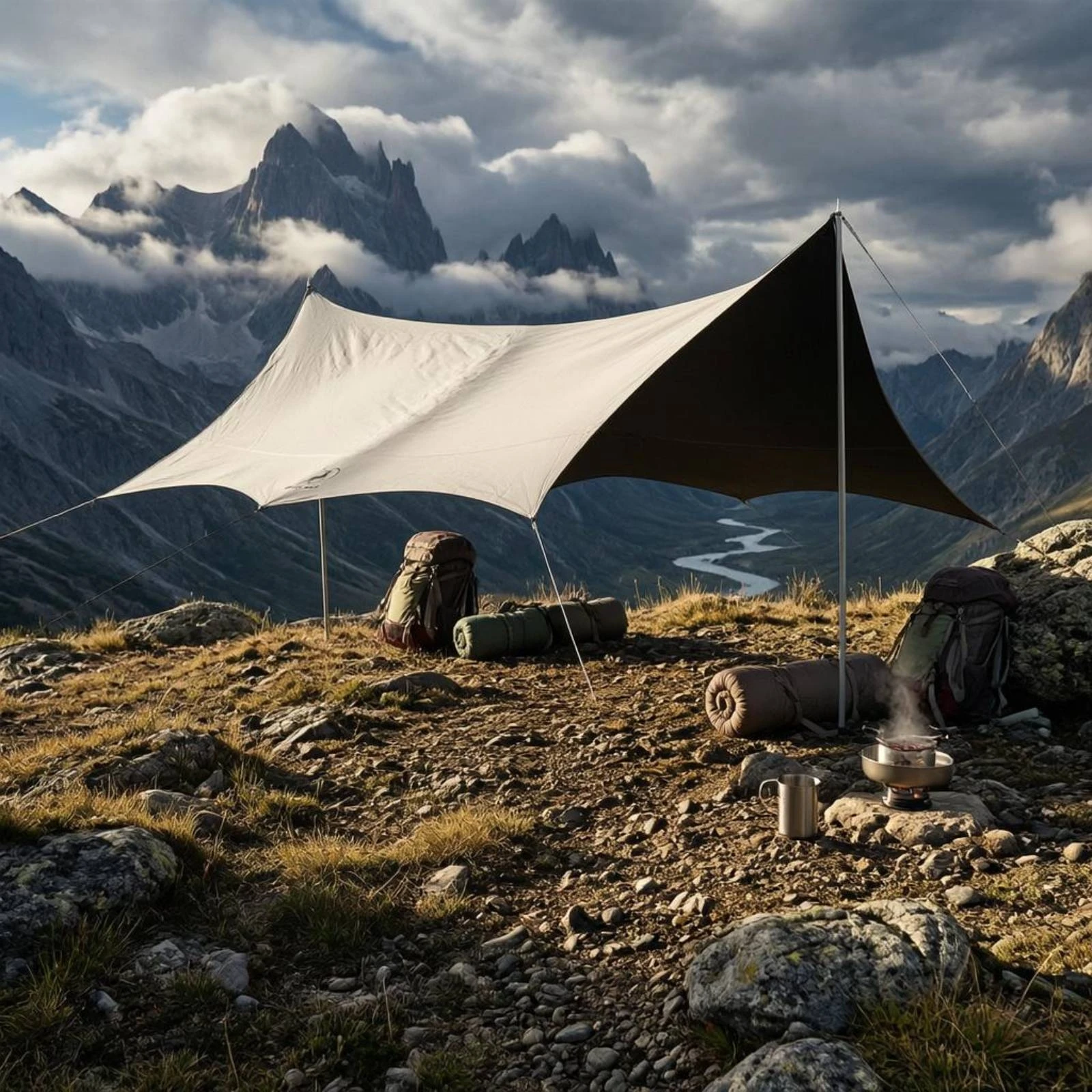 Sunshade Canopy Pole Supported Butterfly Canopy Rectangular Tarp Shade Guy Lines Camping Tarp with Poles Resistant