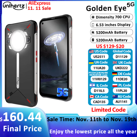 Unihertz Golden Eye 5g Ultra Slim Rugged Smartphone Camping Light 8GB 256GB 64MP Camera Cell Phone, Mobile Phone,30W ,5200mAh