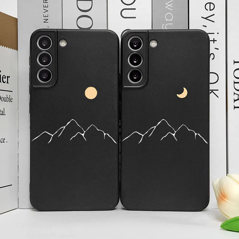 

Line Mountain Scenery Phone Case for Samsung S25 S24 S22 S21 S20 FE Note 20 Ultra S23 Plus Simple Sun Moon Couples Painted Cover