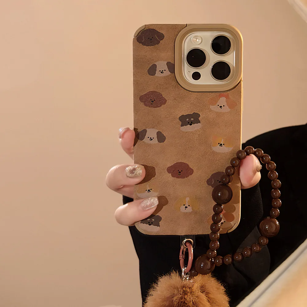 가을 겨울 스웨이드 레트로 강아지 아트 플러시 볼 펜던트 전화 케이스, 아이폰 16, 15, 14, 13, 12 프로 맥스 케이스, 귀여운 럭셔리 만화 커버