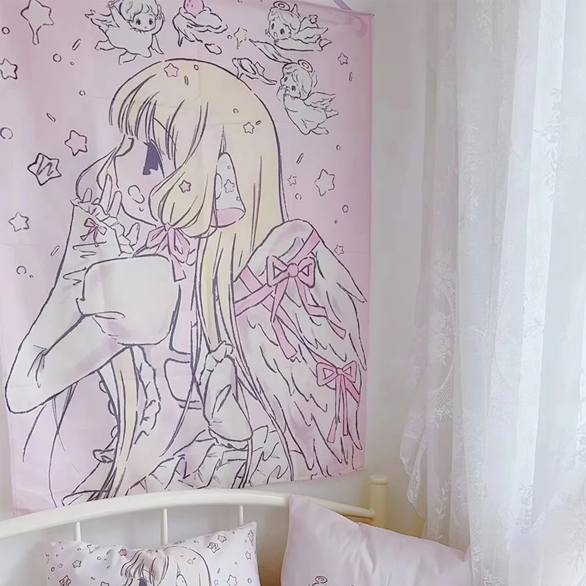 Anime Angel Girl Wall Tapestry Kawaii Bedroom Decor Pastel Pink Anime Art Hanging Poster Cute Room Decoration Japanese Cartoon