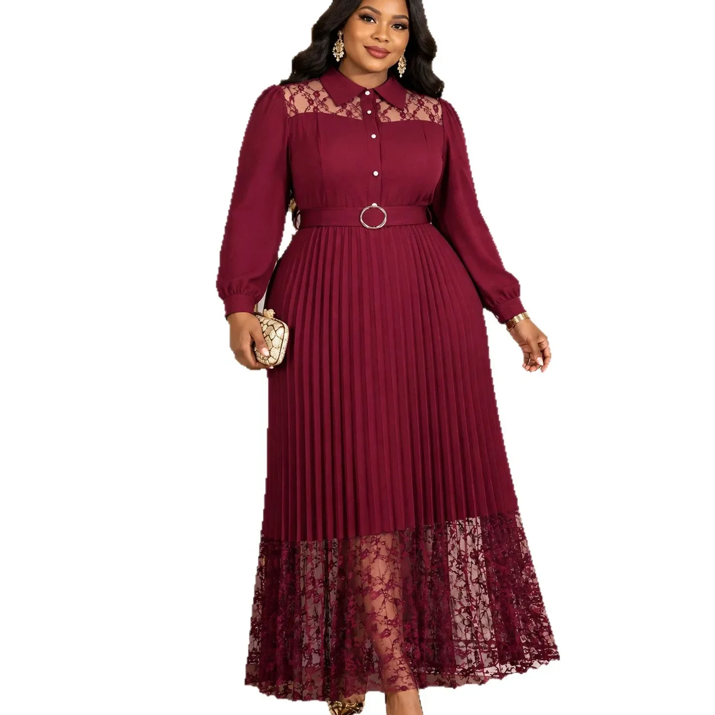 L-4XL Dashiki African Party Evening Dresses for Women Long Sleeve Autumn African Polyester Lace Patchwork Pleated Long Dresses