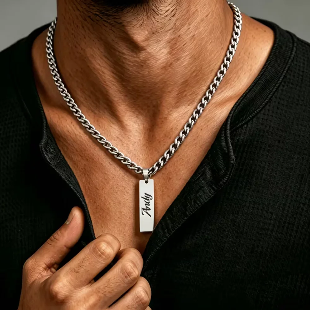 Custom Engraved Name Bar Necklace for Men 18K Gold Plated Stainless Steel Thick Cuban Chain Rectangular Pendant Personalized