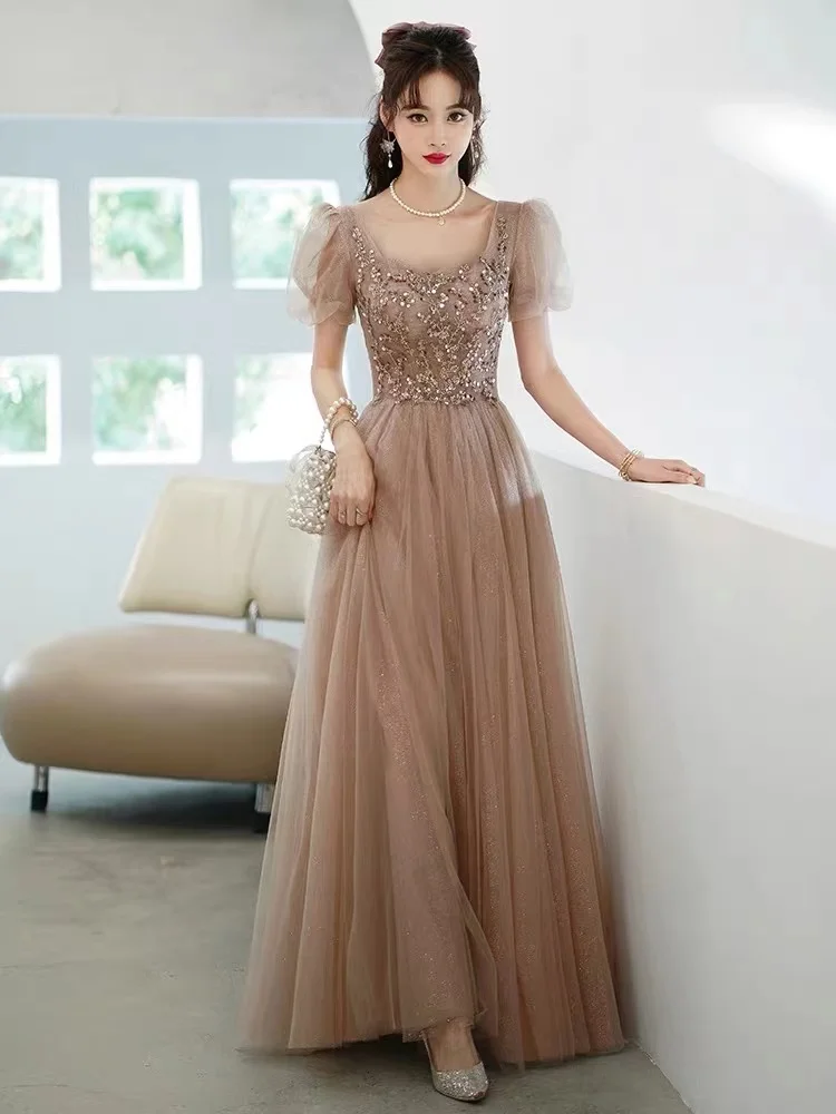 

Elegant Khaki Evening Dresses Short Sleeve Beading Square Collar A-Line Tulle Sequins Formal Party Ceremony Gown Female Vestidos