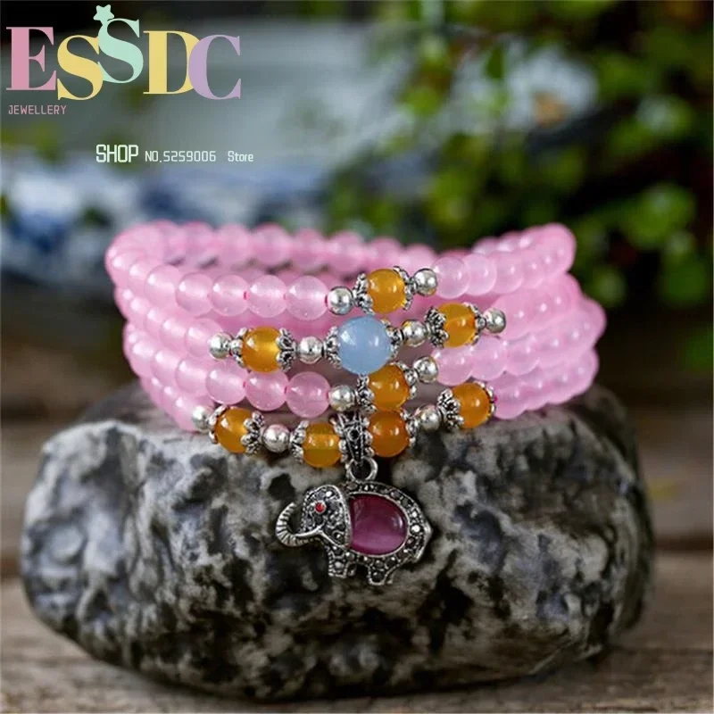 Handmade Fashion 6mm Natural Crystal 108 Beads Hand String with Cute Pink Cat's Eye Stone Elephant Women's Yoga Bracelet