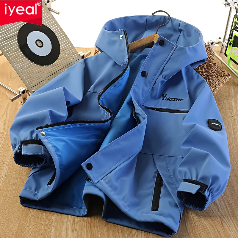 IYEAL Kids Hooded Windbreaker Jacket, Boys Solid Color Zipper Outerwear, Waterproof Long Sleeve Casual Spring Autumn Coat