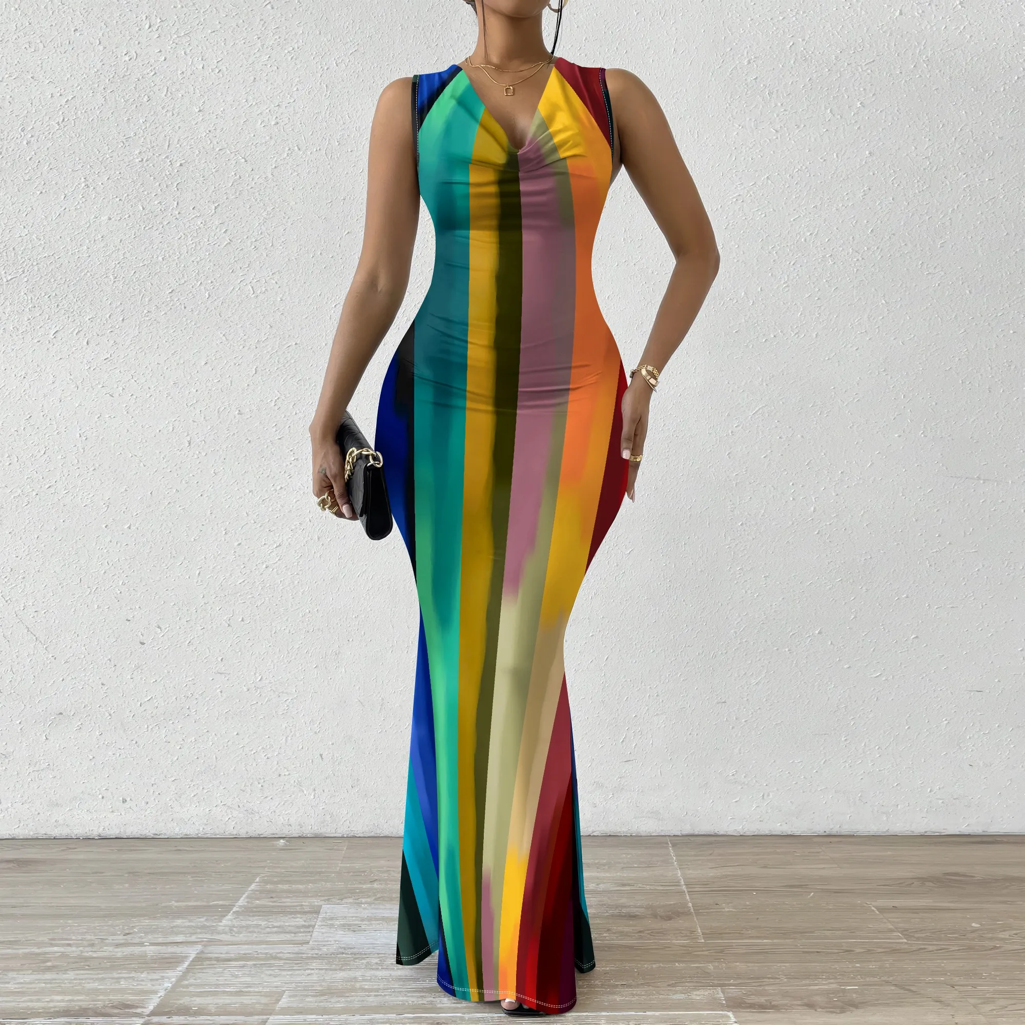 

Women's Rainbow Striped Maxi Dress V-Neck Slim Fit Bodycon Mermaid Summer Party Vacation Gown Pride Month