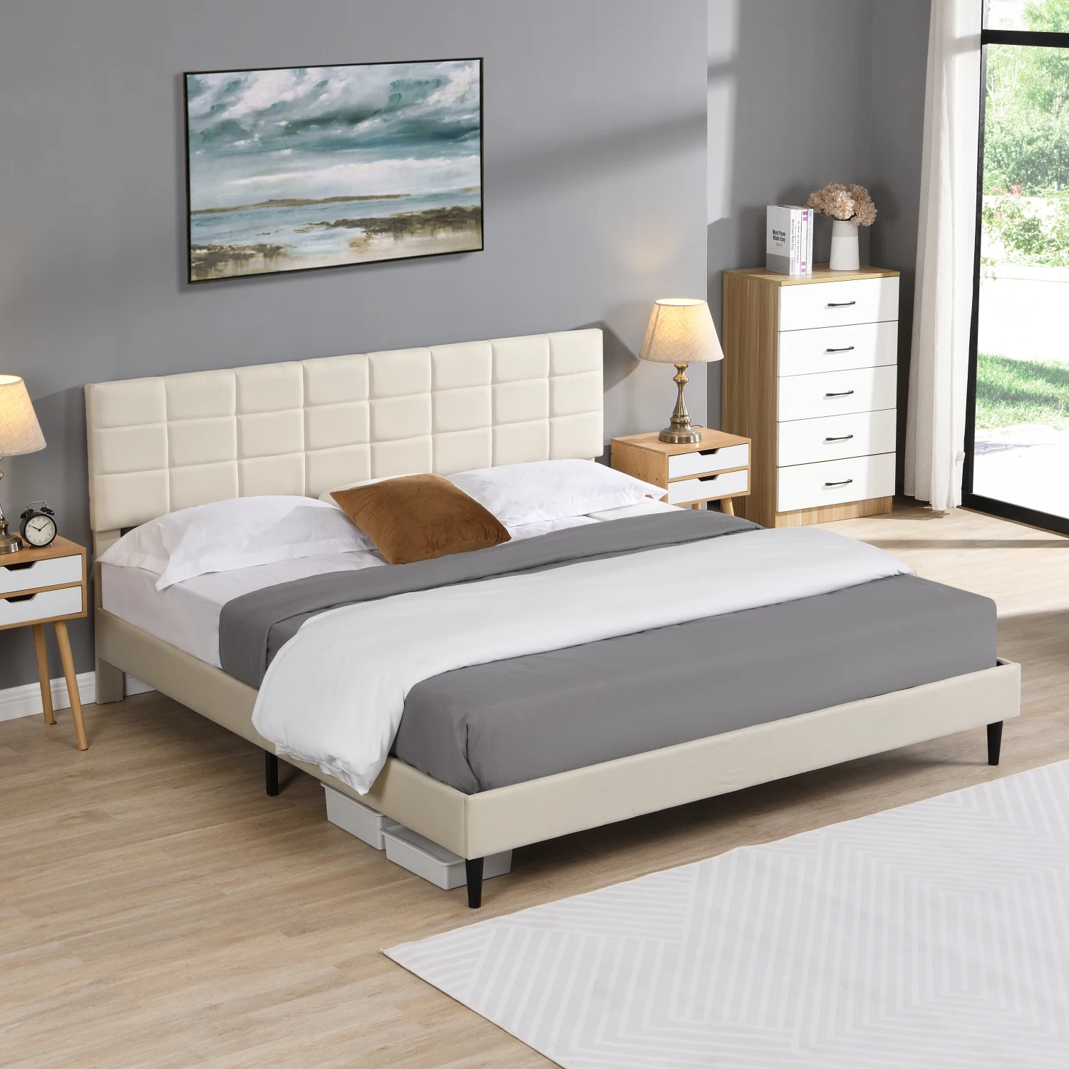 King Size Platform Bed Frame, Fabric Upholstered Headboard, Wooden Slats, No Box Spring, Easy Assembly, Dark Beige