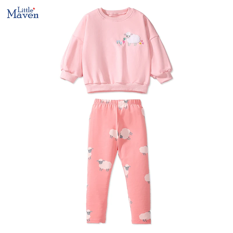 Little maven Baby Girls 2024 Autumn Children\'s Clothing Cotton Cartoon Sheep Sweatershirts Tops+Legging Sets Clothes for Kids