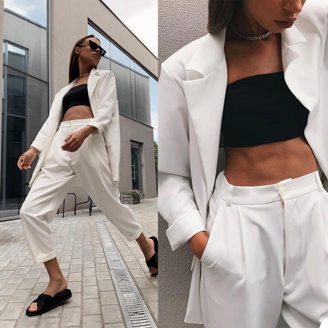 

Summer Power Women 2pcs Suits Peaked Lapel Loose Casual Jacket Custom Made Streetwear Fashion Ivory Formal Dress