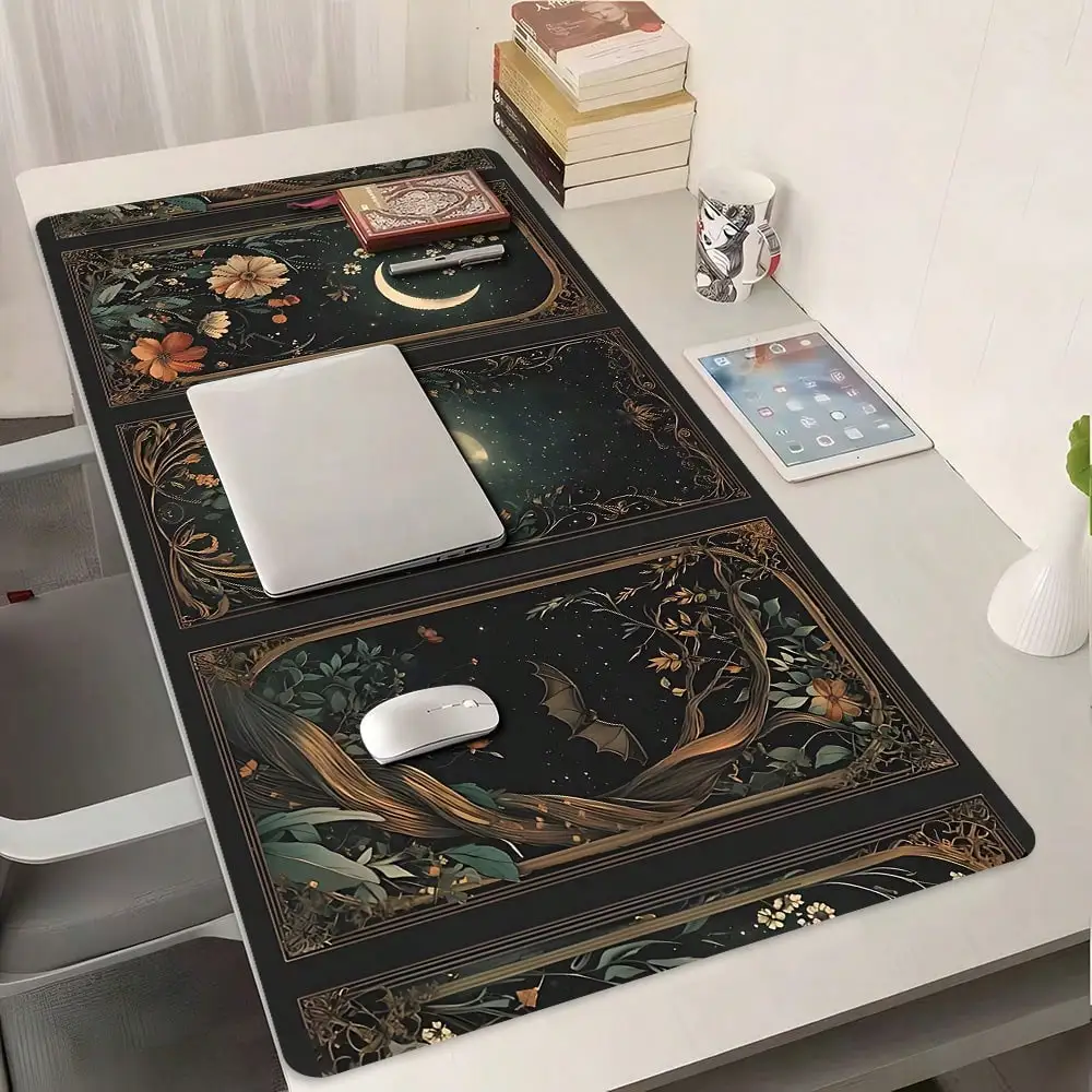 1pc Vintage Dark Night Moon Phase Floral Oversized Extended Gaming Mouse Pad, With Non-Slip Rubber Base, Stitched Edge Washable Desk Mat, Suitable For Gaming