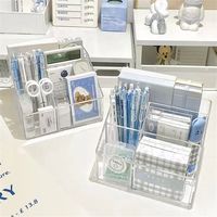 Clear Desk Pen Holder Bathroom Makeup Brush Orgainzer Multifunction Stationery Organizer 5Grid Large Capacity Pencil Storage Box