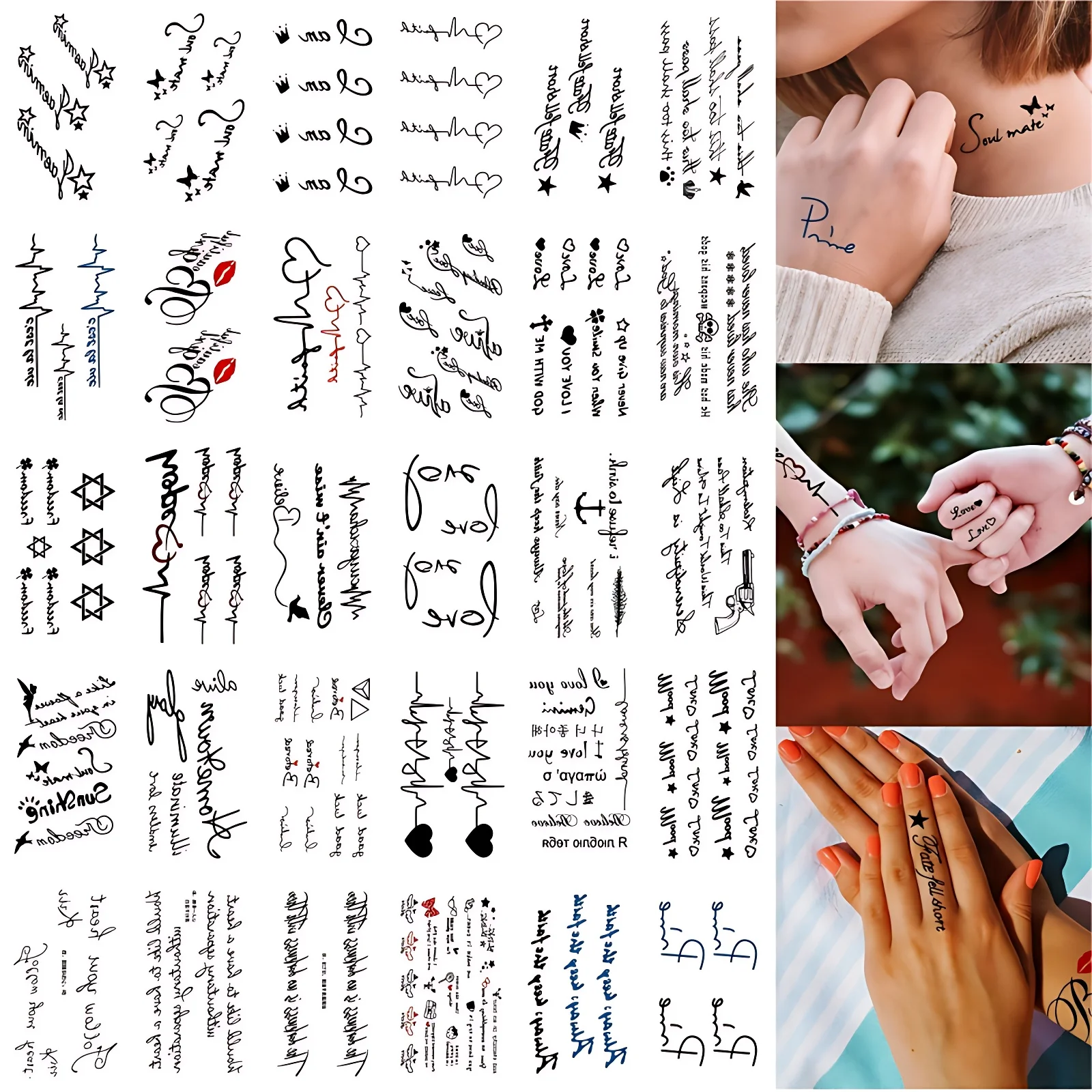 30pcs/set Women Men Girls Boys Water Transfer Tattoos Sentences Text Electrocardiogram Tiny Star Red Lip Fake Tattoos Stickers