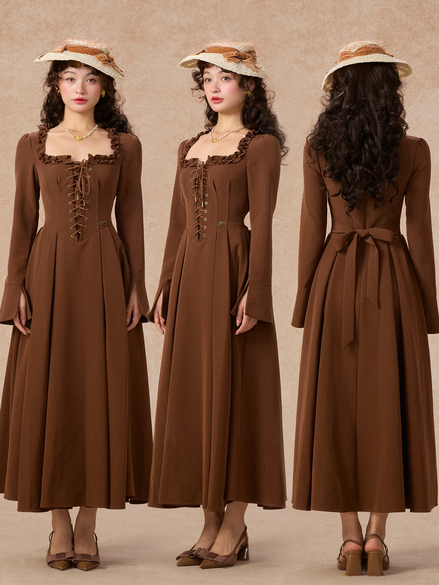 เดรสผู้หญิง TIYIHAILEY สำหรับฤดูใบไม้ร่วงและฤดูหนาว แขนยาวทรงบาน ยาวแบบแม็กซี่ ไซส์ XS-XL สไตล์วินเทจ เอวสูง คอลเลคชั่นใหม่ปี 2025 คอเหลี่ยมแบบผูก