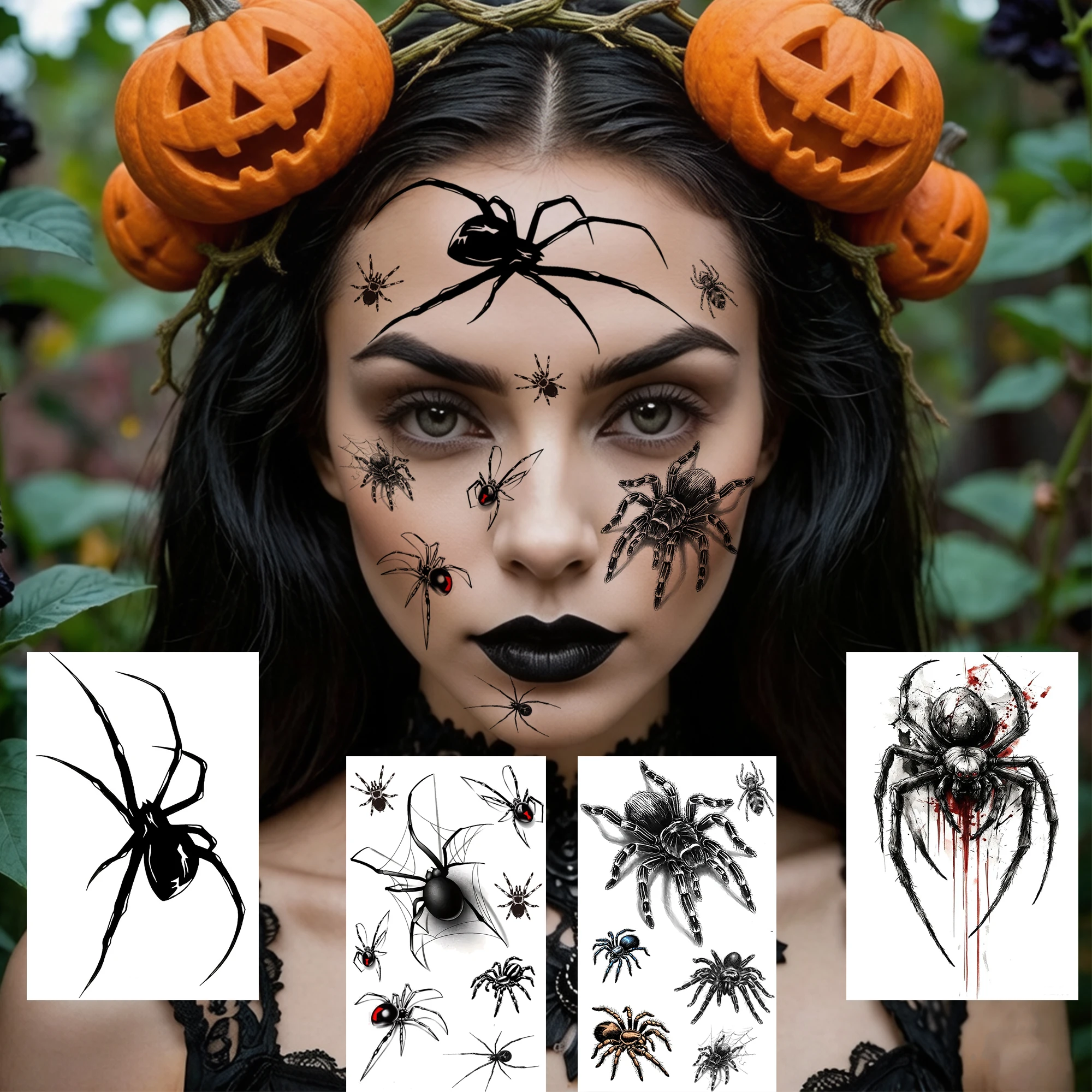 4 Sheets Scary 3D Spiders Halloween Zombie Temporary Tattoo Stickers For Adult, Waterproof Realistic Temp Fake Tattoos Long Last