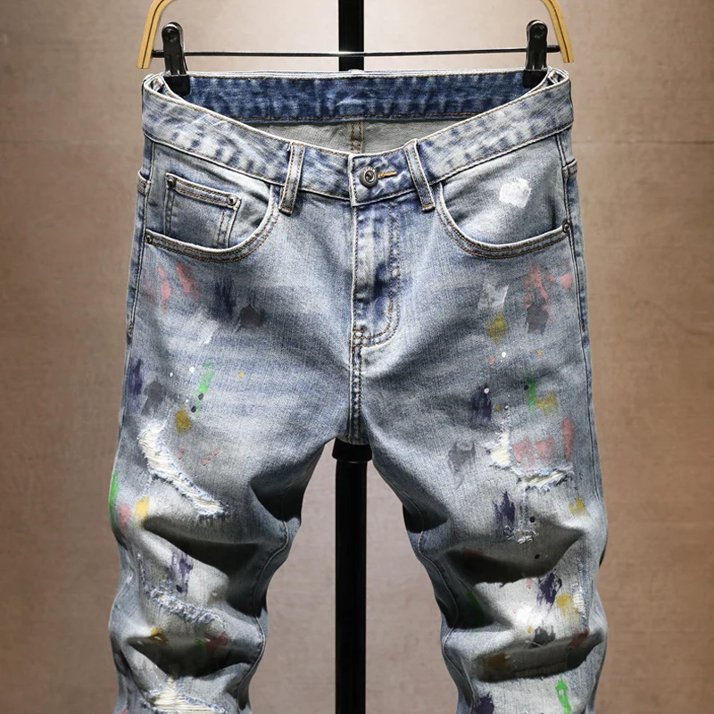fashion new jeans,Y2K painted, washed, nostalgic, stretchy, slim fit, retro, light blue jeans, high street hip-hop, Italian pan