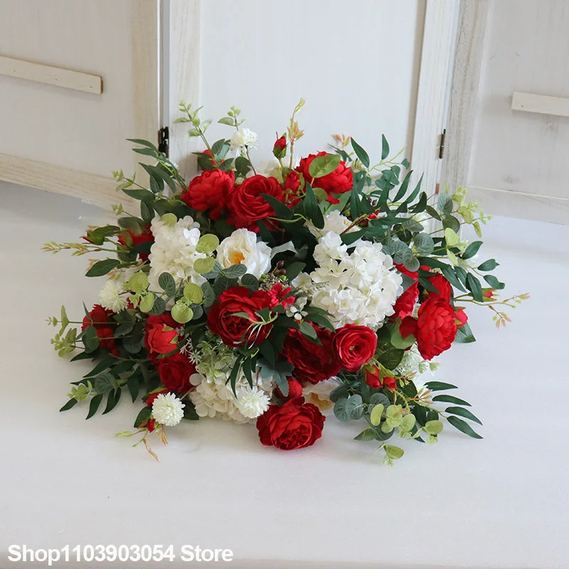 Rot-weißes Rosen-Kunstblumenarrangement, luxuriöses Hochzeits-Bankett-Tischdekor, Blumenstrauß für Hotel-Esszimmer-Partydekoration – Detail 2