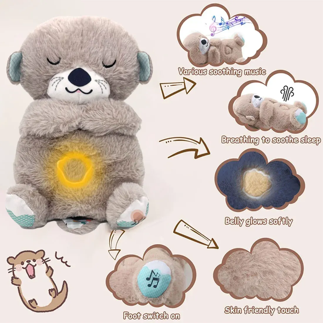 Baby Plush Doll Breathing Bear Soothing Sleep Playmate white Otter Toy Kids Music Sleeping Companion Sound Light Doll Toy Gift