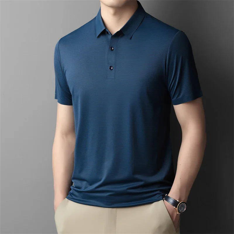 Ice Silk Short Sleeve Polo Shirt Men\'s 2024 Summer New and Thin Lapel Casual Business Striped T-shirt