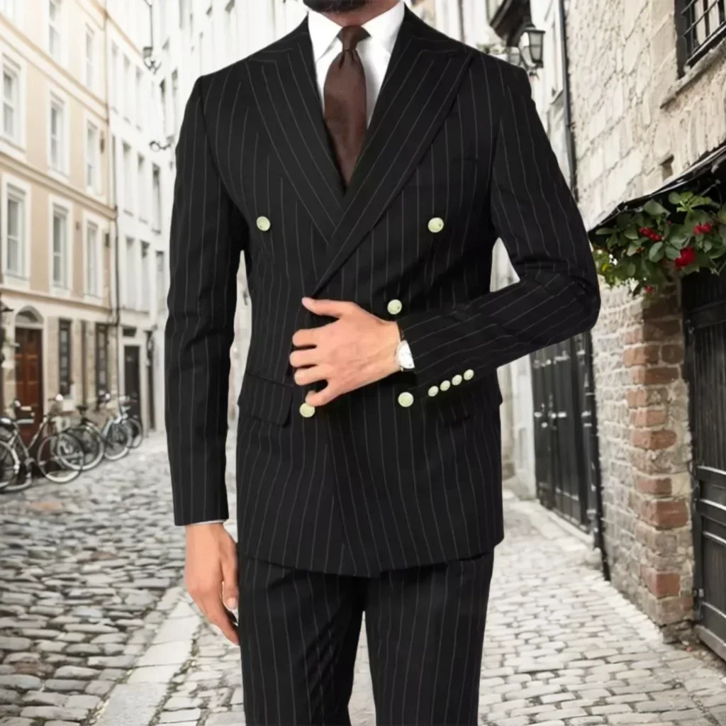 

Men's Pinstripe Suit 2 Pieces Blazer and Pants Peak Lapel Tuxedo for Wedding Halloween Christmas Striped Wedding Party
