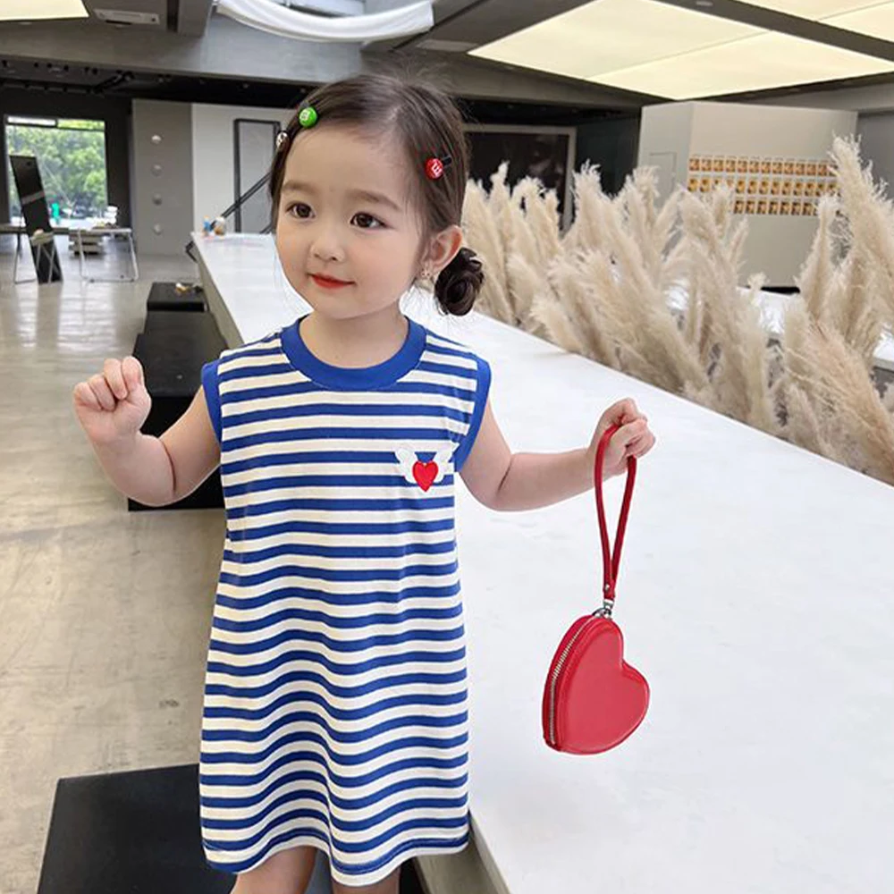 Girls Dress 2023 Summer Round Neck SleevelessSmall Wings Striped Long Dress 3-8Y Girls Clothing Kids Dresses for Girls