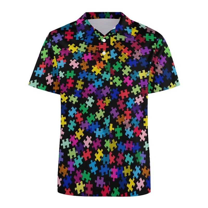 Autism Awareness Colorful Puzzle 3D Print Polo Shirt For Men Clothes Harajuku Short Sleeve Cool Street Button Lapel Tee Shirts