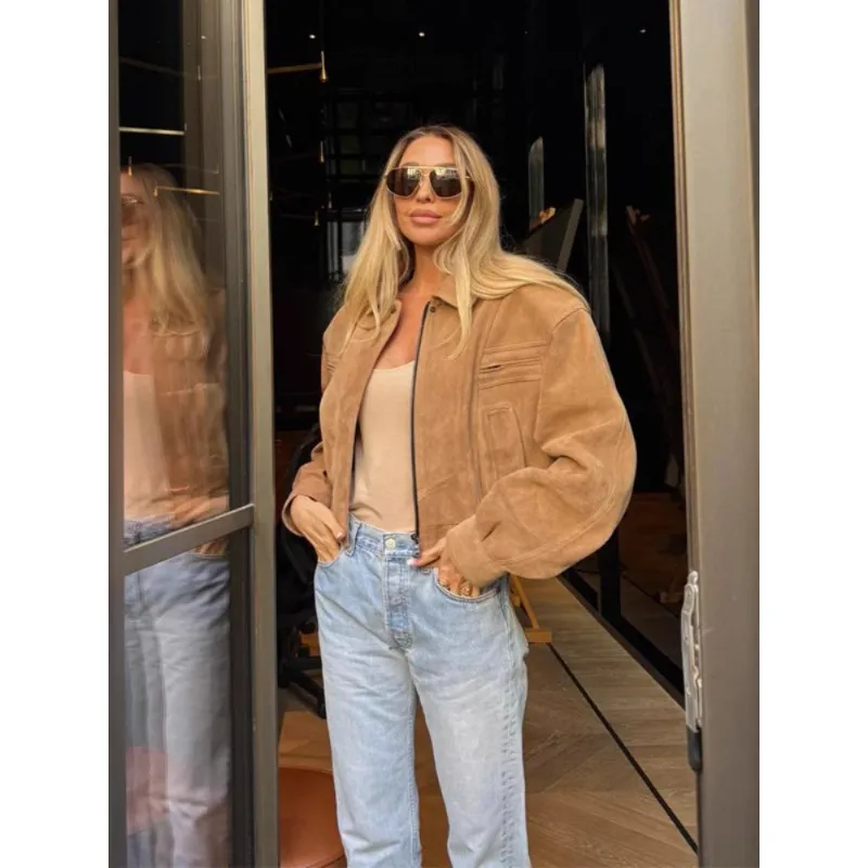 

Модная замшевая укороченная куртка с отложным воротником для женщин, повседневная, с длинными рукавами, на молнии, с карманами, свободного кроя, весна 2026, для повседневной носки, уличный стиль