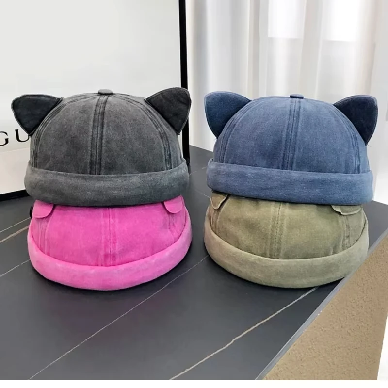 Süße süße Katzenohren, randlose Mütze, Persönlichkeit, lässig, einfarbig, Beanie-Mütze, Baumwolle, atmungsaktiv, gewaschen, alte Unisex-Beanie-Mütze