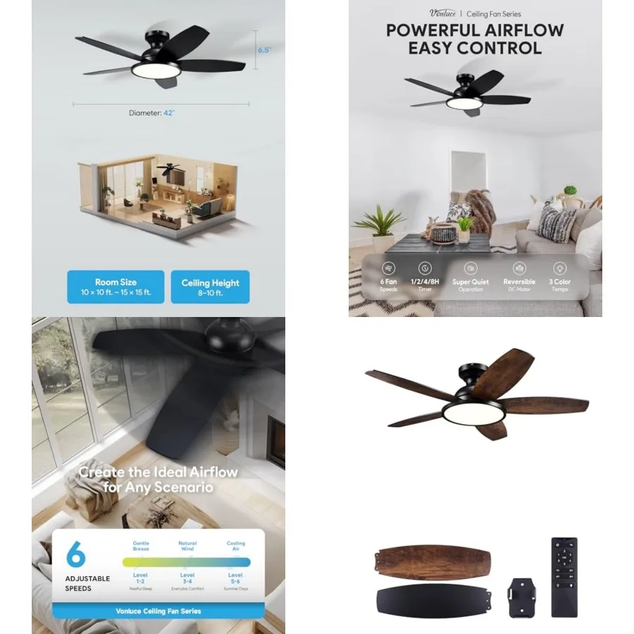 Ceiling Fans with Lights, Ceiling Fan and Remote, Full-spectrum LED Light, 3CCT, 6-Speeds Noiseless Reversible DC Motor, Modern