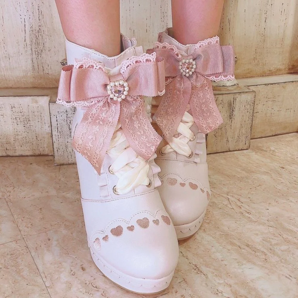 Pink Butterfly Knot Decor Ankle Boots Fur Chunky High Heel Platform Fashion Sexy Women Shoes Hot Girls 2025 Winter Para Mujere