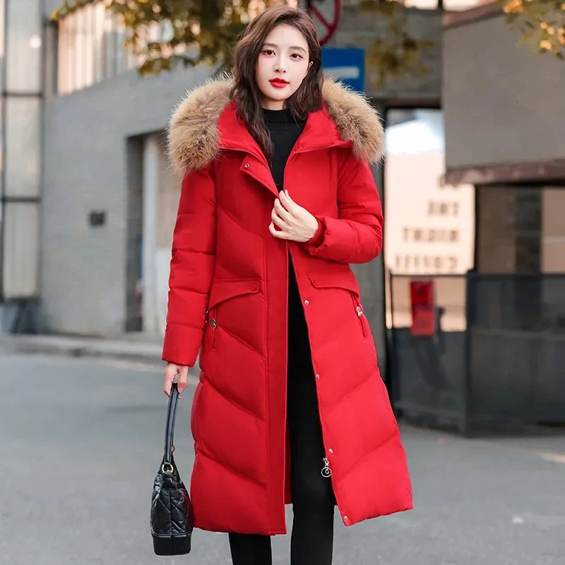 リアルファー襟付きホワイトダックダウンジャケット レディース 2025年冬新作 レースアップ 厚手 フード付きダウンコート 女性用 ロング丈 暖かいパーカー オーバーコート