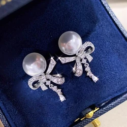 MeiBaPJ 9-10mm Natural Semiround Pearls Fashion Bow Stud Earrings DIY 925 Silver Holder Fine Wedding Jewelry for Women