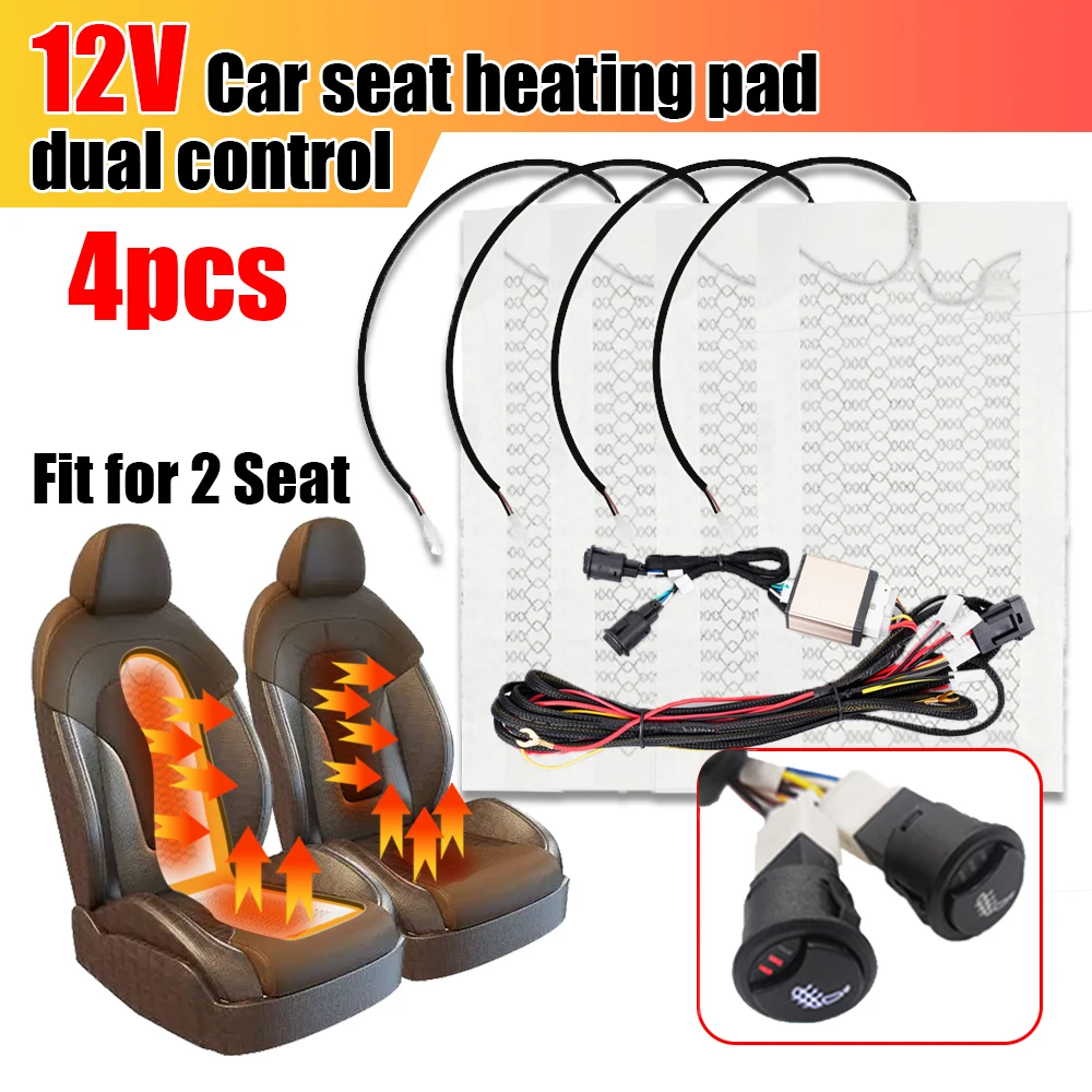 12V Universal Car Seat Heating Pad Carbon Fiber Winter Warm Seat Cushion Two Seats 4-Piece Circular Three Speed Dual Switch