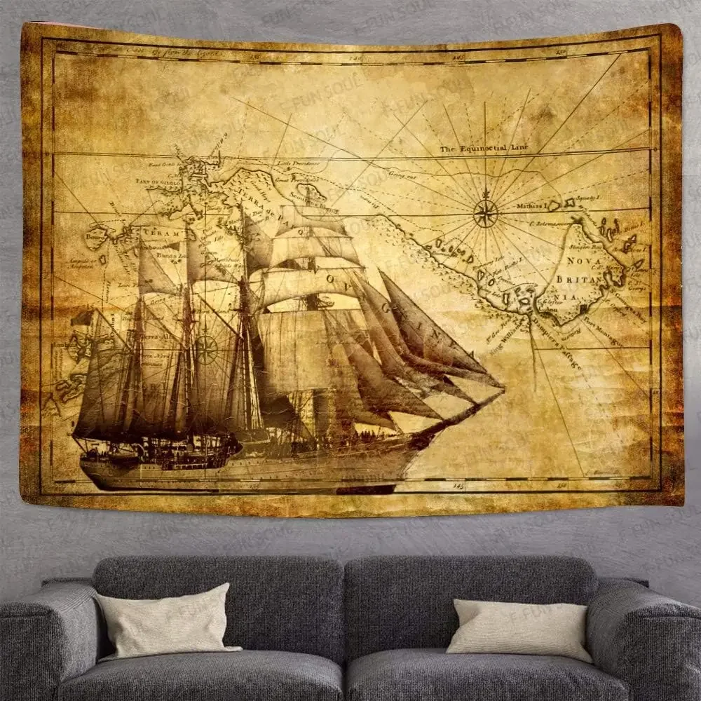 Pirate Treasure Map Tapestry Sailing Ship Vintage Nautical Wall Art Flannel Decor for Living Room Bedroom