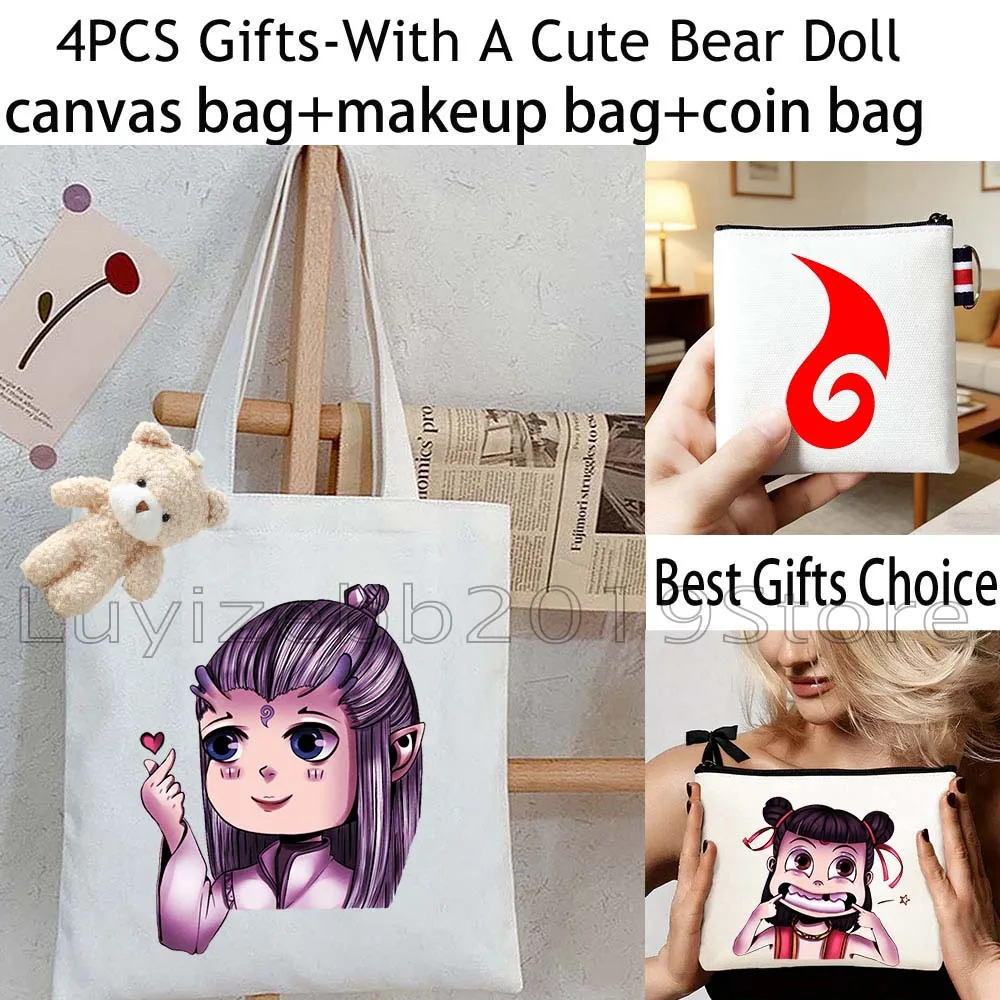 4PCS Gifts Ne Zha Oubing Chinese Cute Anime White Shopper Canvas Tote Bag Handbag,Cosmetic Makeup Bag,Coin Purse Wallet Pouch