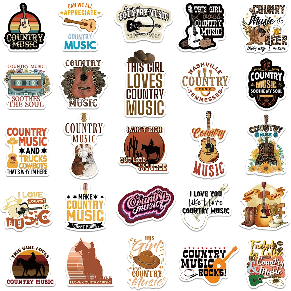 50pcs Funny Cartoon Country Music Stickers Water Bottle Stickers For Laptop Phone Luggage Skateboard Bicycle Waterproof Decals