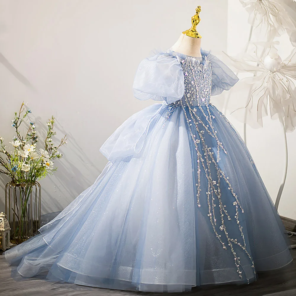 Children's Wedding Party Dress Sequined Beading Flower Girl Princess Dress Short Puff Sleeve Kids Ball Gown Party Costume