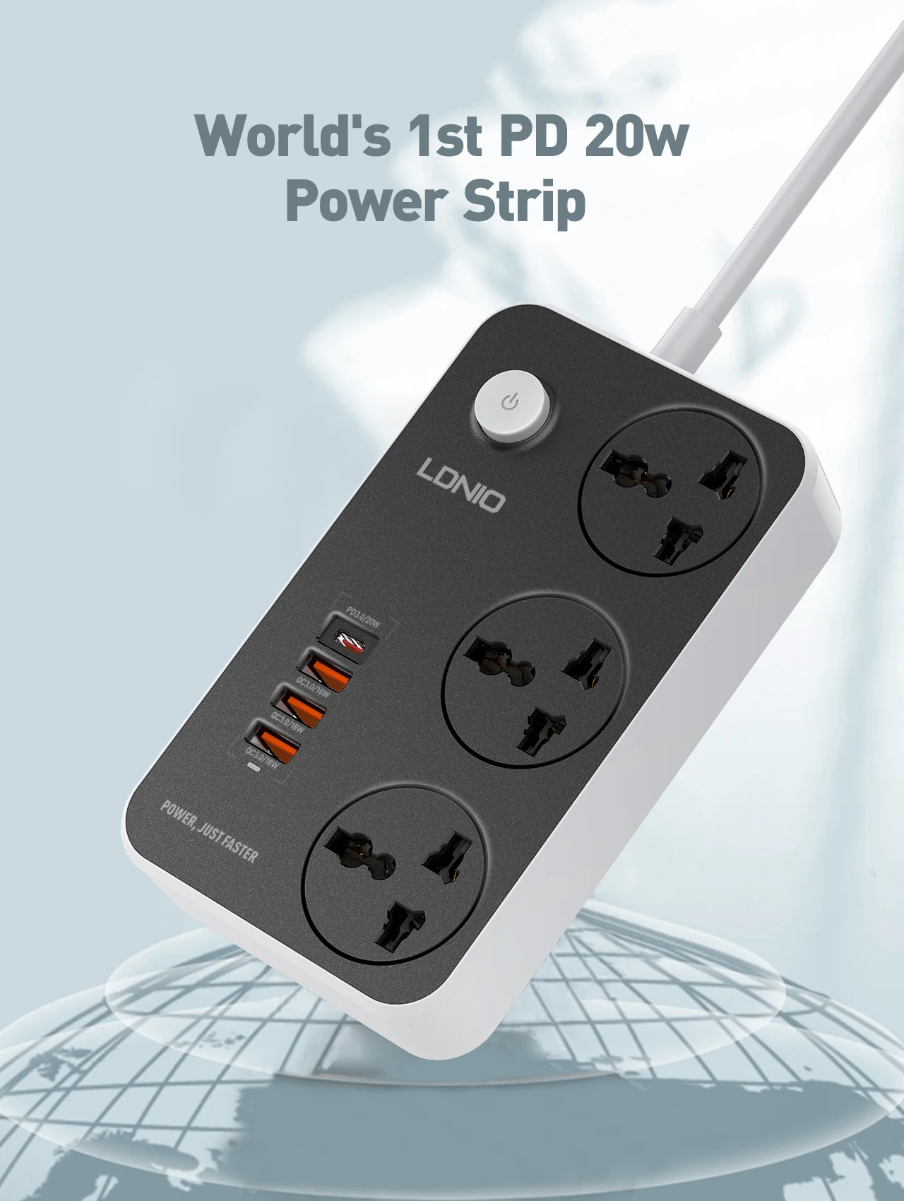 LDNIO Universal Power Strip 3 Sockets 4 USB 2M Extension Power Socket Combo Type-C 20W Port QC3.0 Phone Fast Charging Port