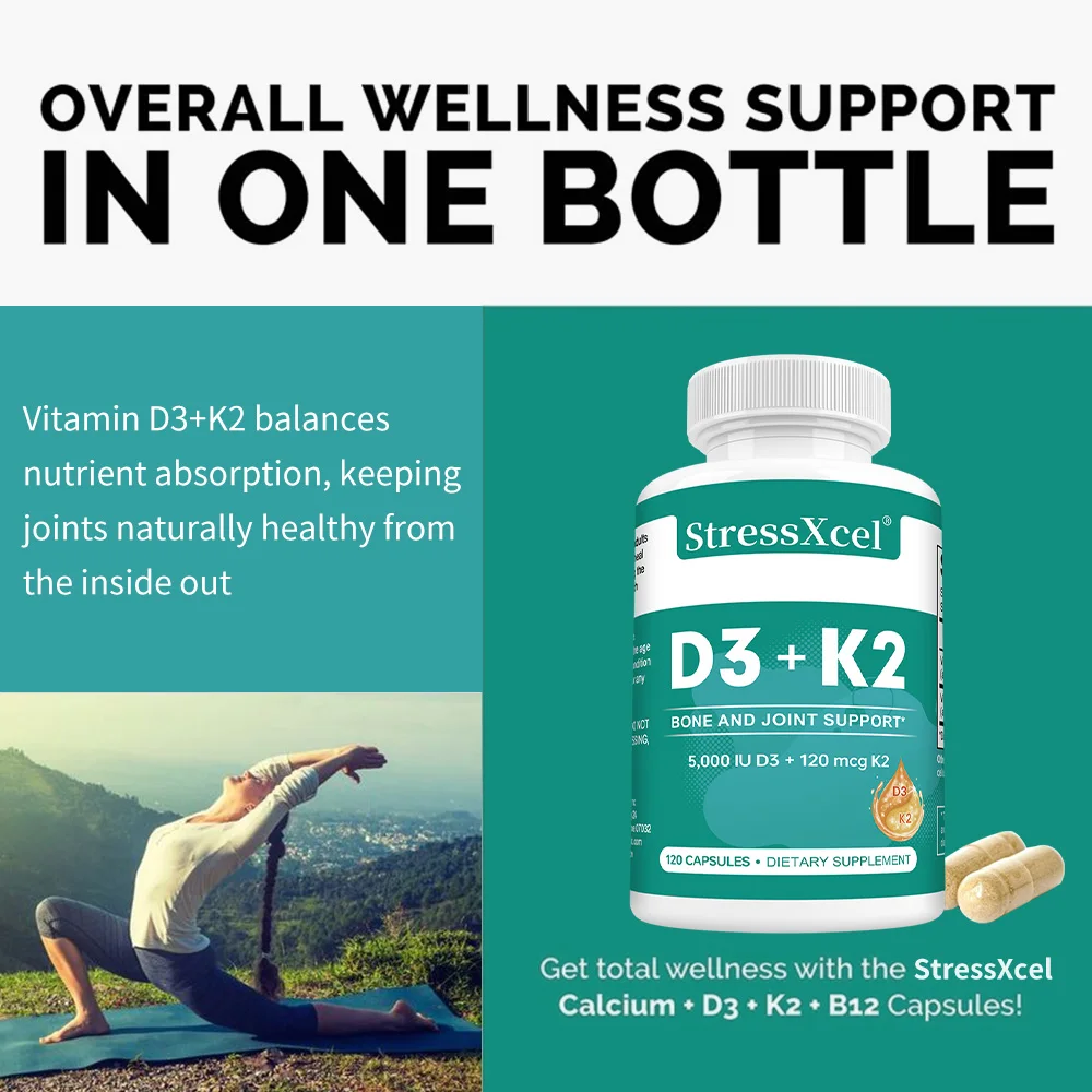 Vitamin D3 5000IU & K2 MK-7 Capsules, Supports Calcium Utilization, Bone, Joint, Cardiovascular & Immune Wellness, Non-GMO