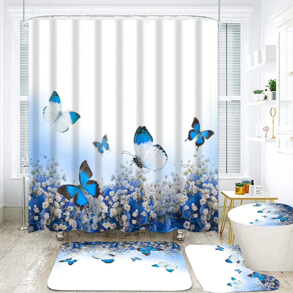 Flowers Butterfly Print Shower Curtains 4 Piece Carpet Toilet Cover Bath Mat Pad Set Bathroom Curtain with 12 Hooks Home Decor