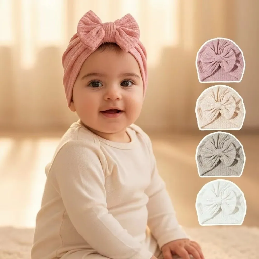 

Solid Color Baby Hat Knotted Design Big Bow Decor Newborn Head Wrap Elastic Fit Soft Infant Turban Hat