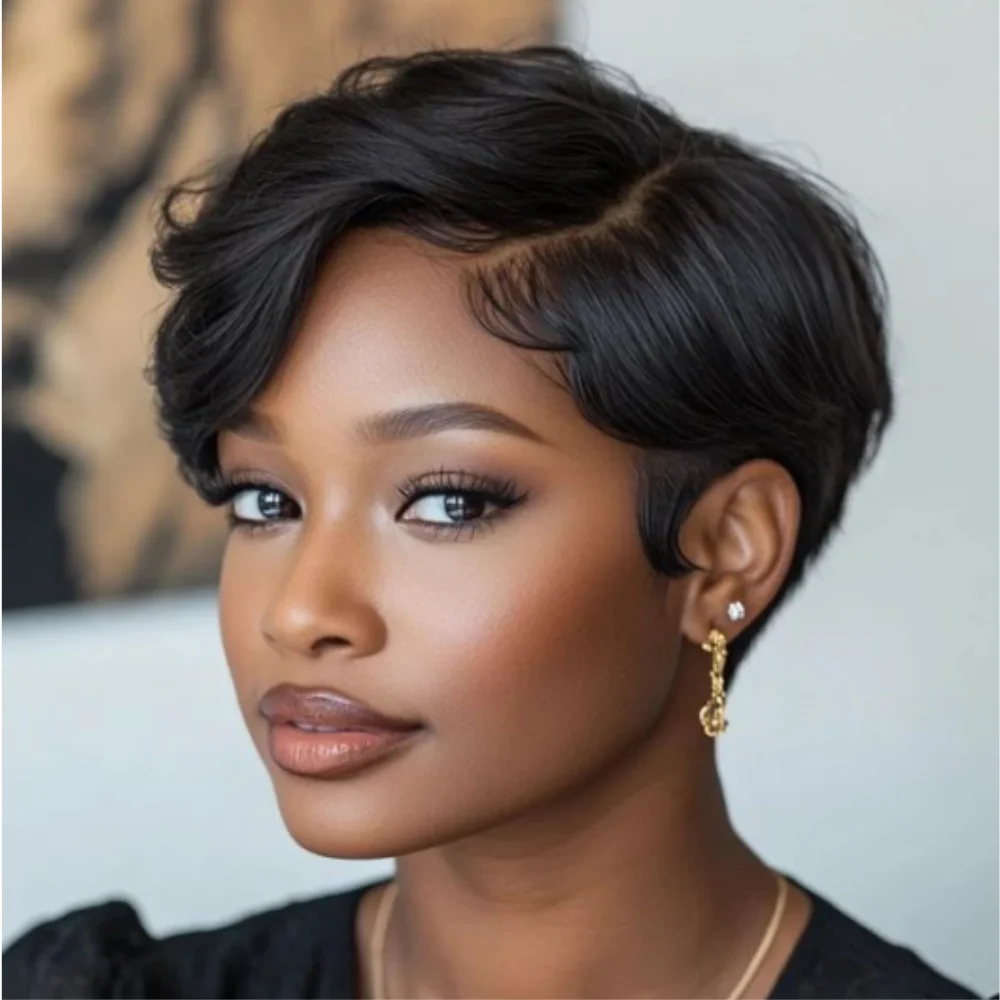 200% Density Full Machine Made Wig Straight Pixie Cut Wig Natural Color Wig 100% Human Hair Wigs For Women Pre Plucked Wigs