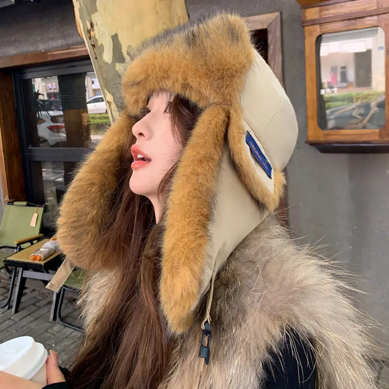 Gorro feminino de camurça de inverno, gorro quente engrossado, boné russo, moda coreana, chapéu de piloto com aba para orelha, tendência feminina, chapéu bomber