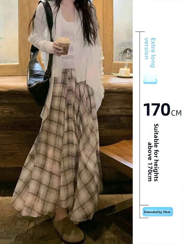 

Tall Women's Vintage Brown Plaid Asymmetrical Chiffon f Skirt Spring Early Long Dra Umbrella Skirt A-Line Silhouette