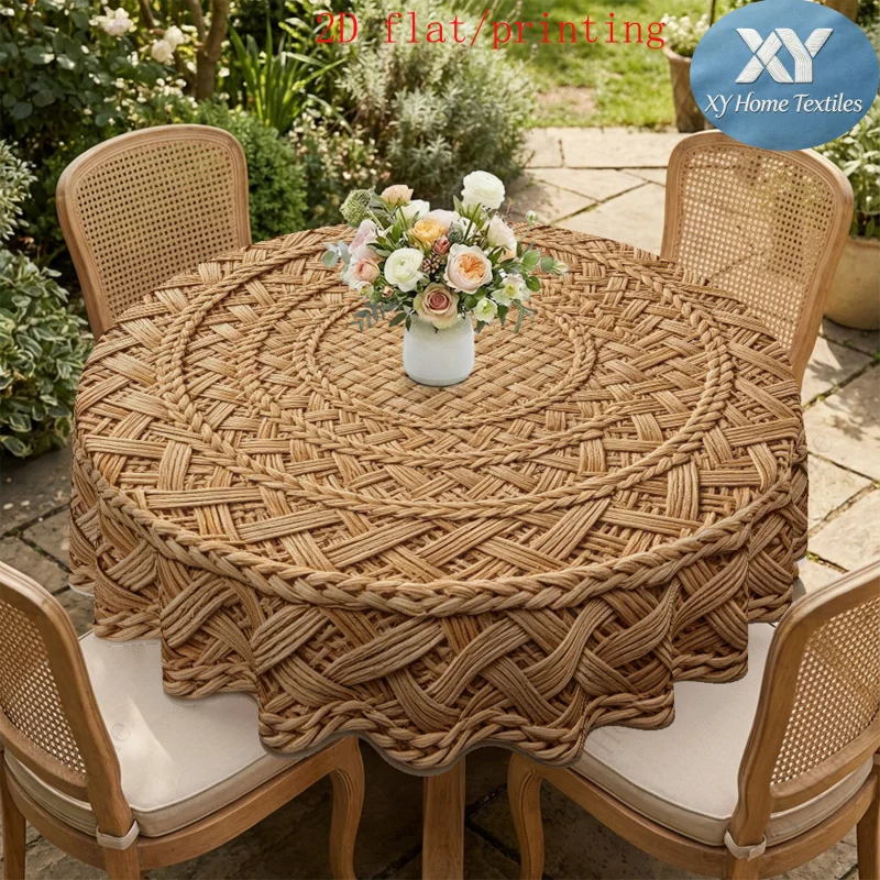 Warm khaki synthetic natural aquatic plant woven print round tablecloth