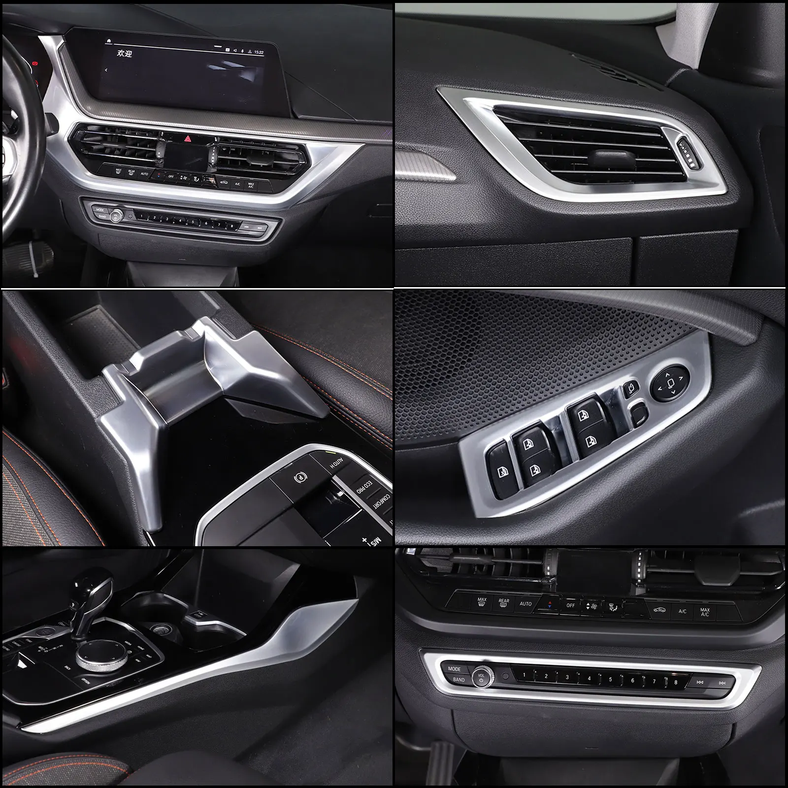 

For BMW 1 2 Series F40 F44 2020 + Car glass lift, center console air outlet,armrest box,anti-kick cover ABS chrome panel sticker