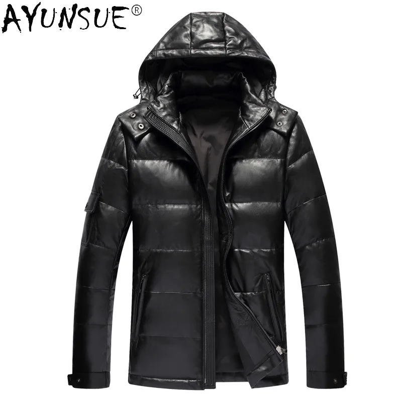 AYUNSUE Men Clothing Men\'s Winter Down Jacket Real Sheepskin Leather Jackets Hooded Thick Coat 2020 Mens Clothing Jaqueta LXR376